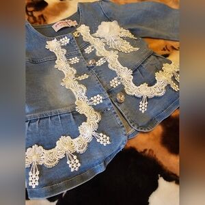 Denim Jacket with Lace Trim